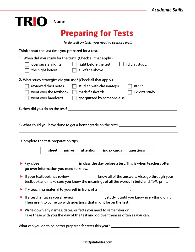 Preparing For Tests Activity Sheet TRIO Printables