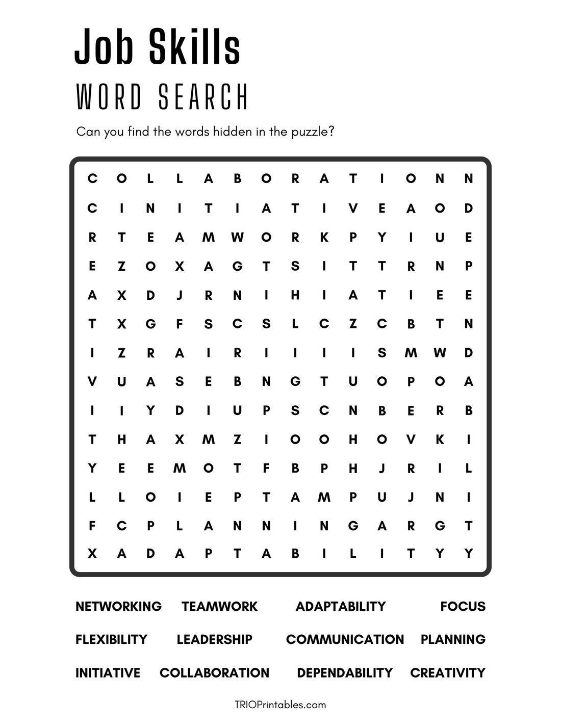 Job Skills Word Search Puzzle – TRIO Printables