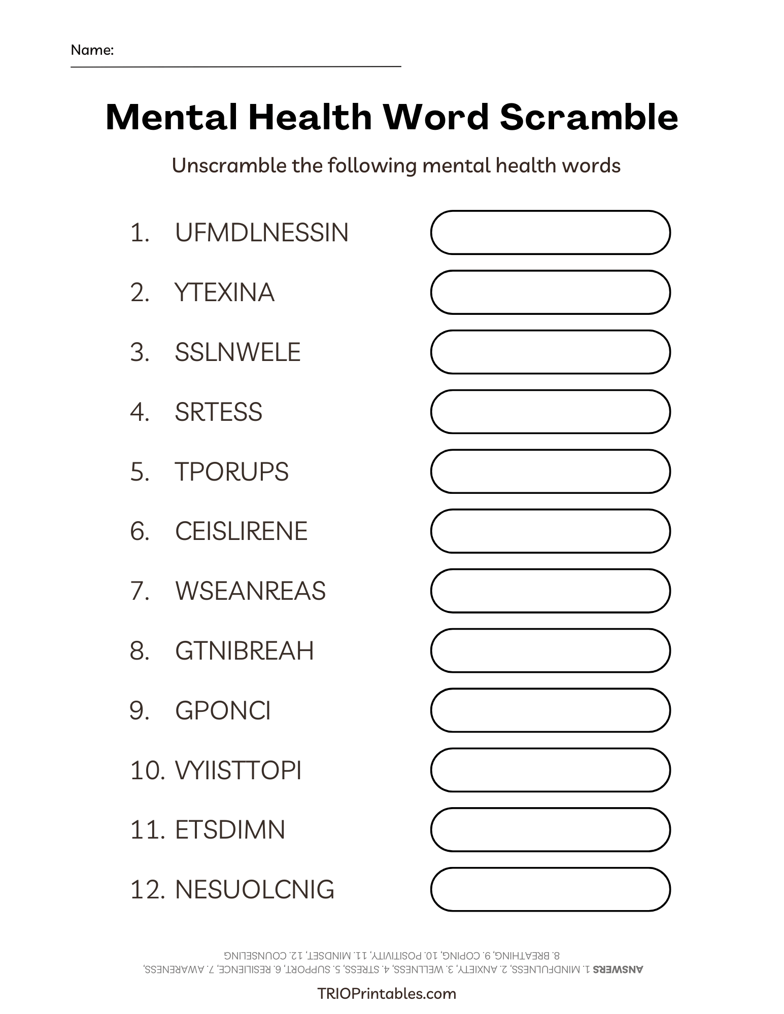Mental Health Word Scramble Puzzle