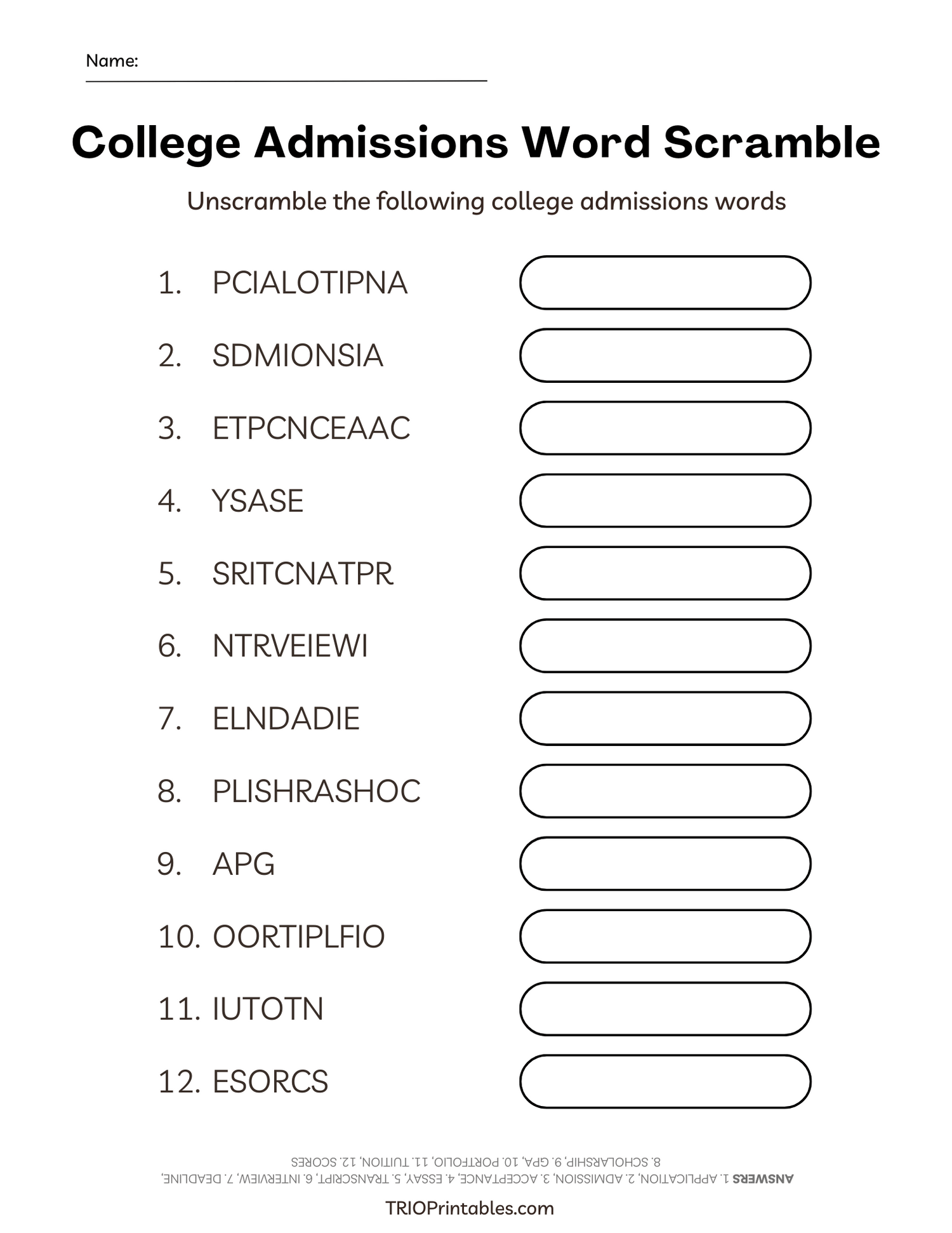 College Admissions Word Scramble Puzzle