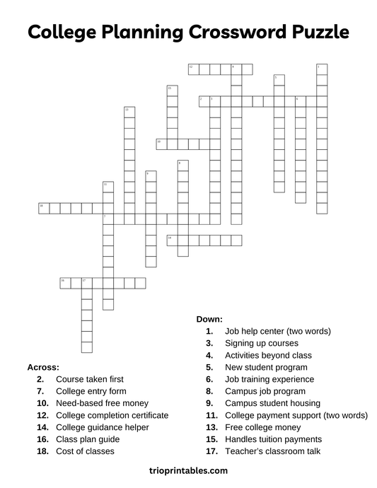 College Planning Crossword Puzzle
