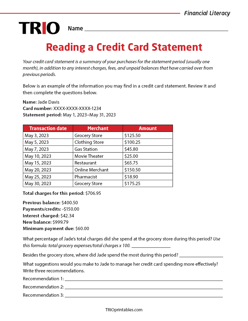 Reading a Credit Card Statement Activity Sheet