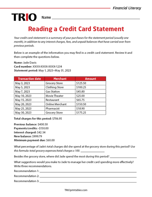 Reading a Credit Card Statement Activity Sheet – TRIO Printables