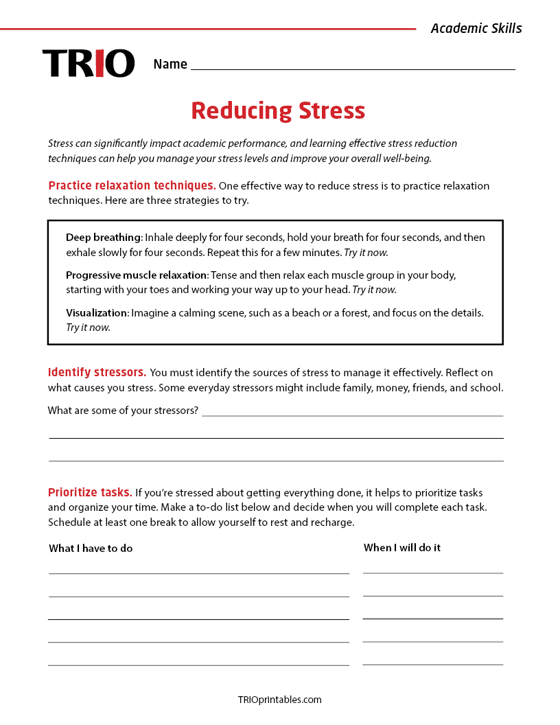 Reducing Stress Activity Sheet – TRIO Printables