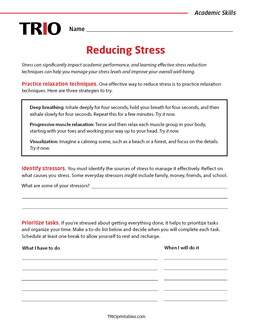 Reducing Stress Activity Sheet