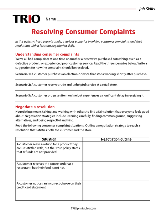 Resolving Consumer Complaints Activity Sheet