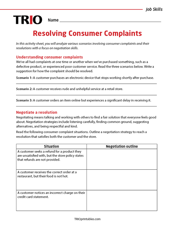 Resolving Consumer Complaints Activity Sheet – TRIO Printables