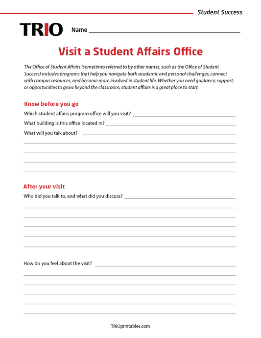 Visit a Student Affairs Office Activity Sheet