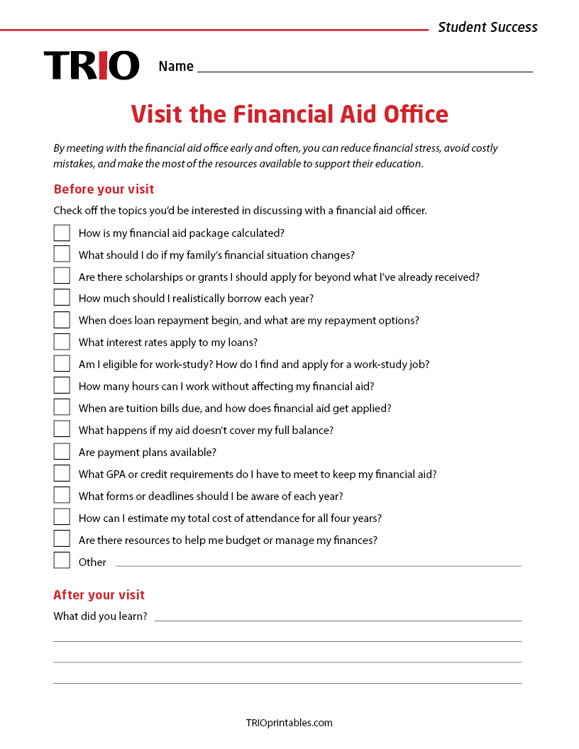 Visit the Financial Aid Office Activity Sheet