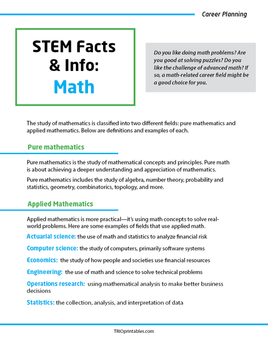 STEM Facts and Info: Math Informational Sheet