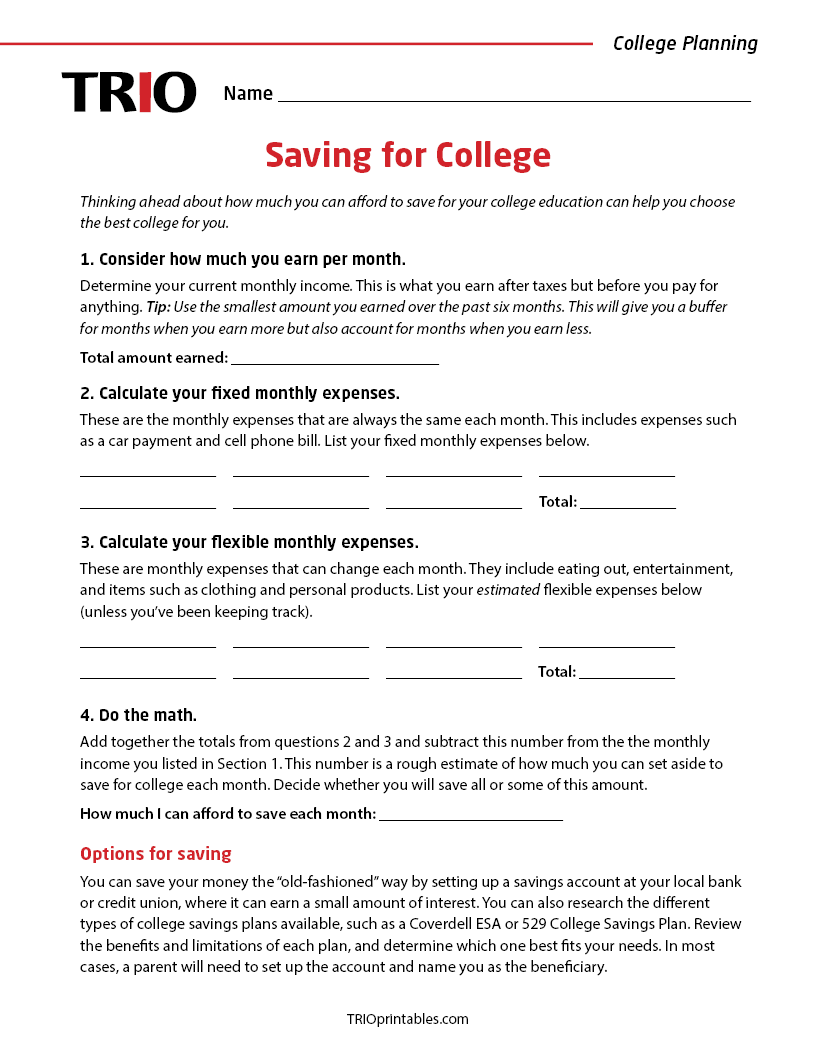 Saving for College Activity Sheet