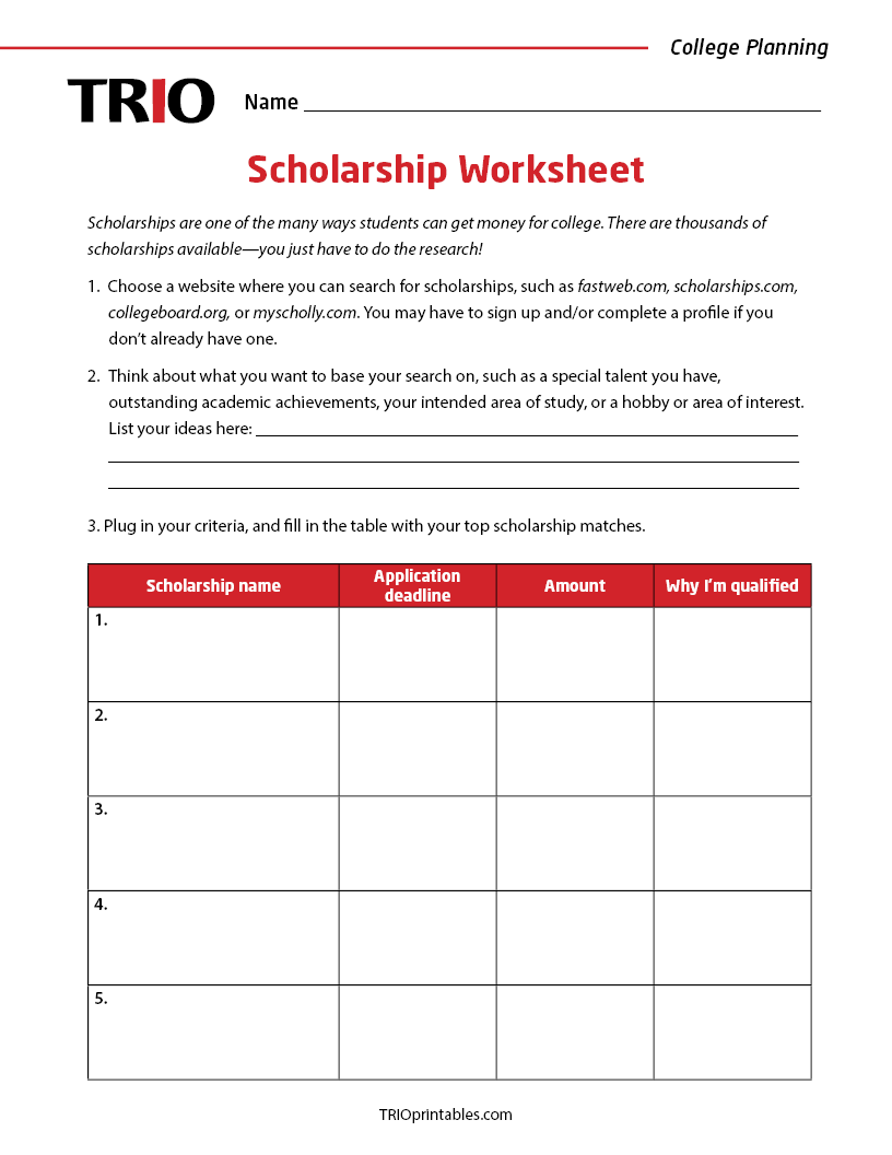 Scholarship Worksheet Activity Sheet