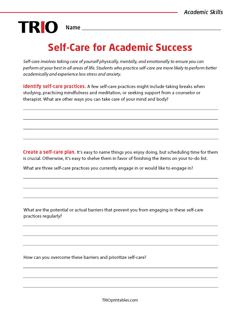 Self-Care for Academic Success Activity Sheet – TRIO Printables