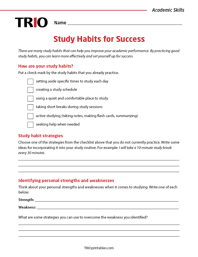 Study Habits for Success Activity Sheet