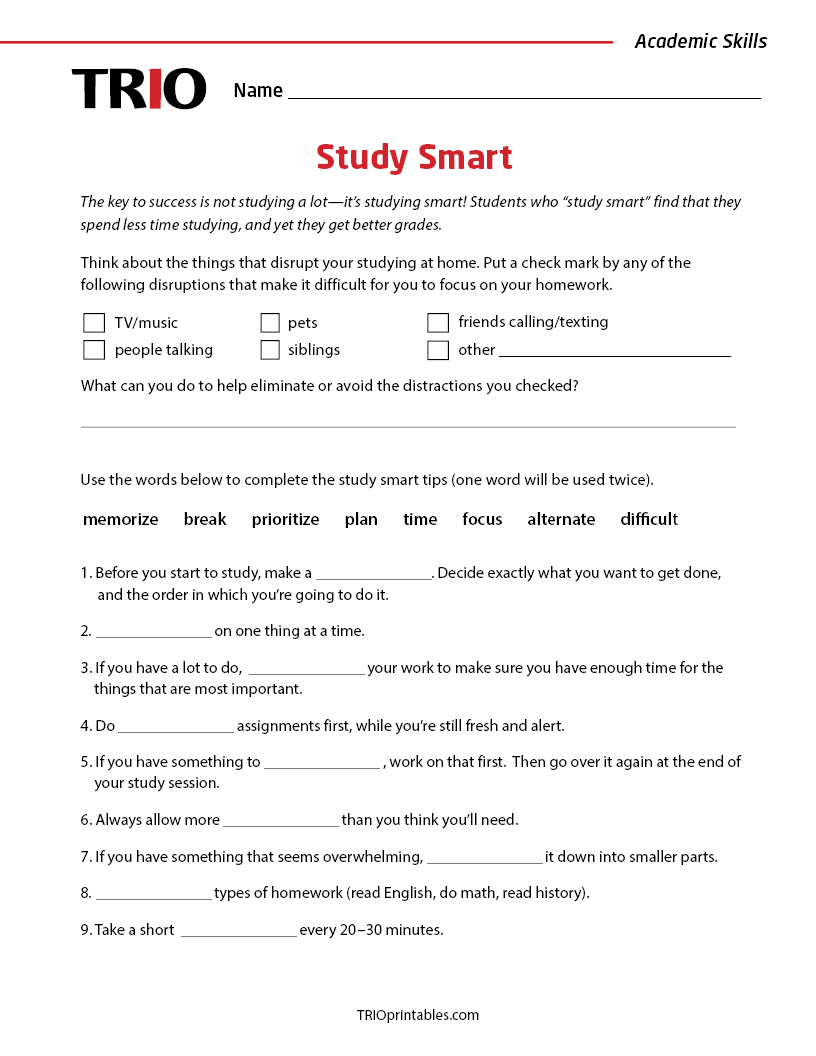 Study Smart Activity Sheet – TRIO Printables