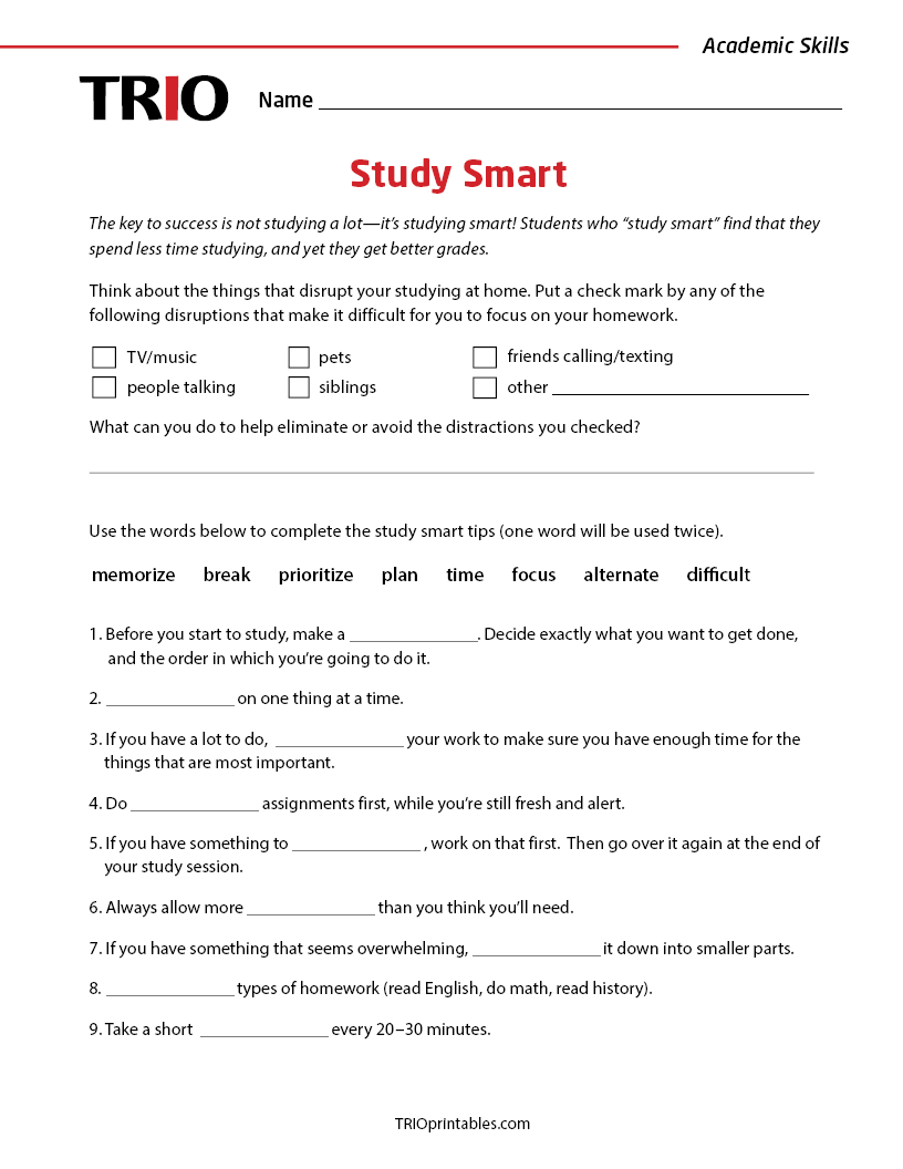 Study Smart Activity Sheet