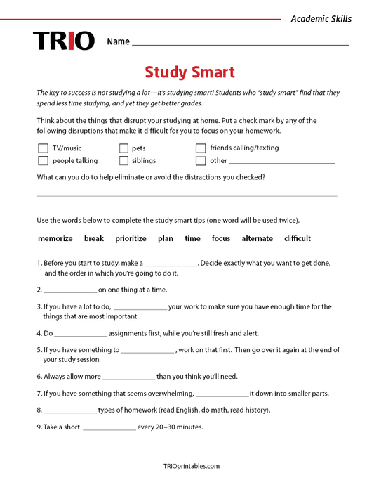 Study Smart Activity Sheet