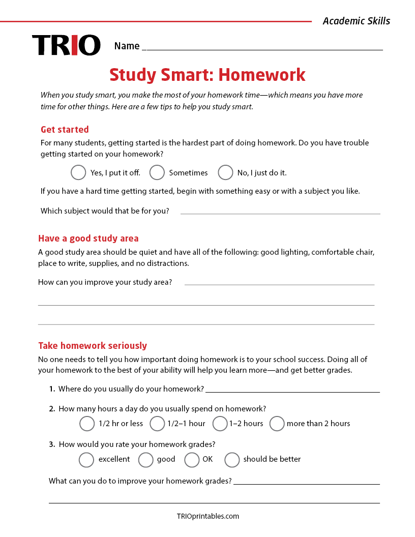 Rare Homework Study Smart: Homework Activity Sheet – TRIO Printables