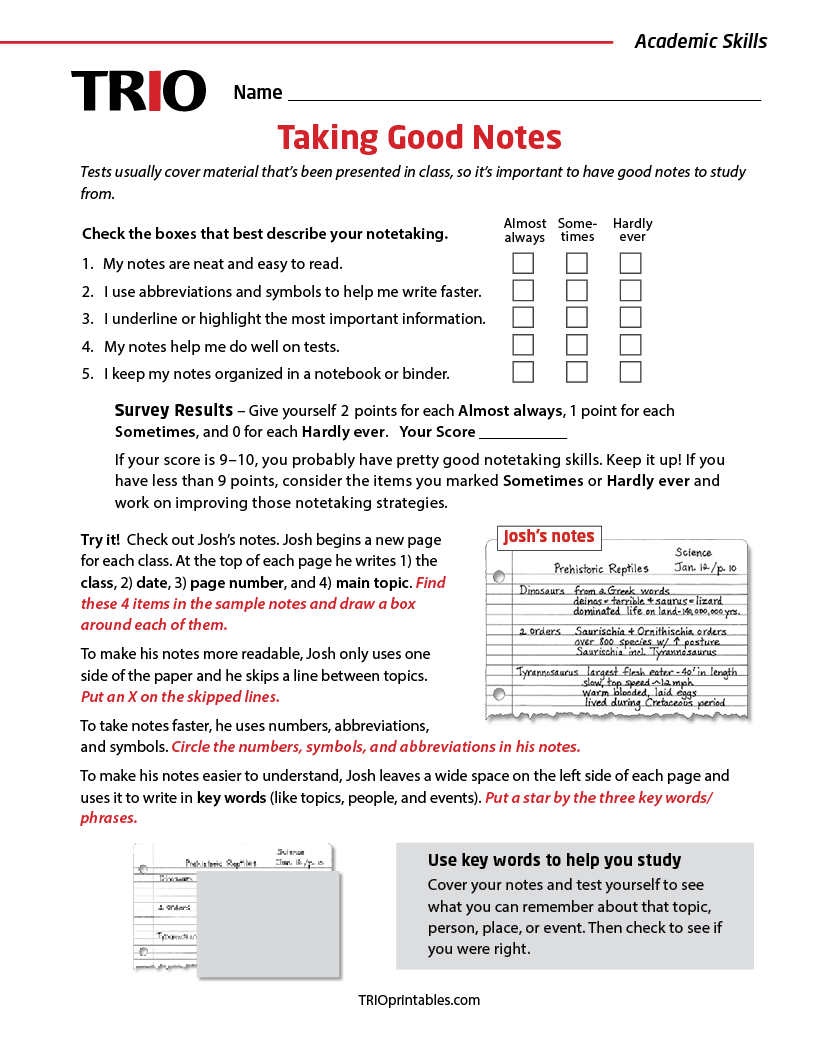 Taking Good Notes Activity Sheet – TRIO Printables