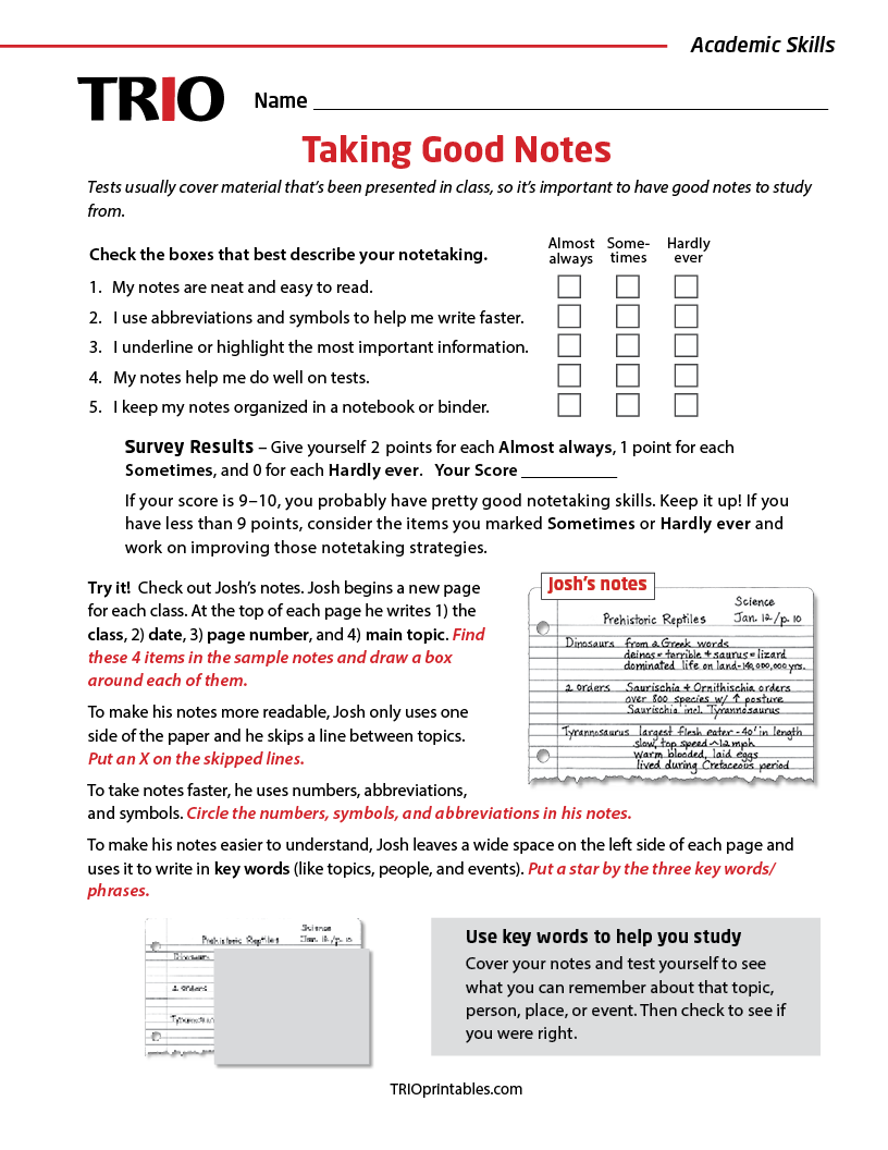 Taking Good Notes Activity Sheet