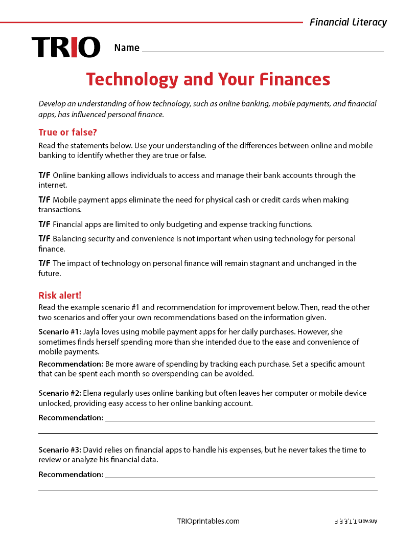 Technology And Your Finances Activity Sheet Trio Printables 