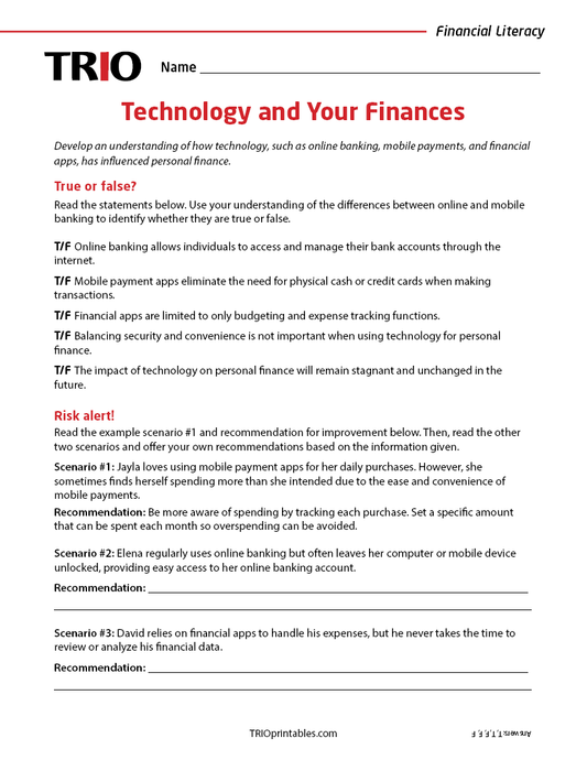 Technology and Your Finances Activity Sheet