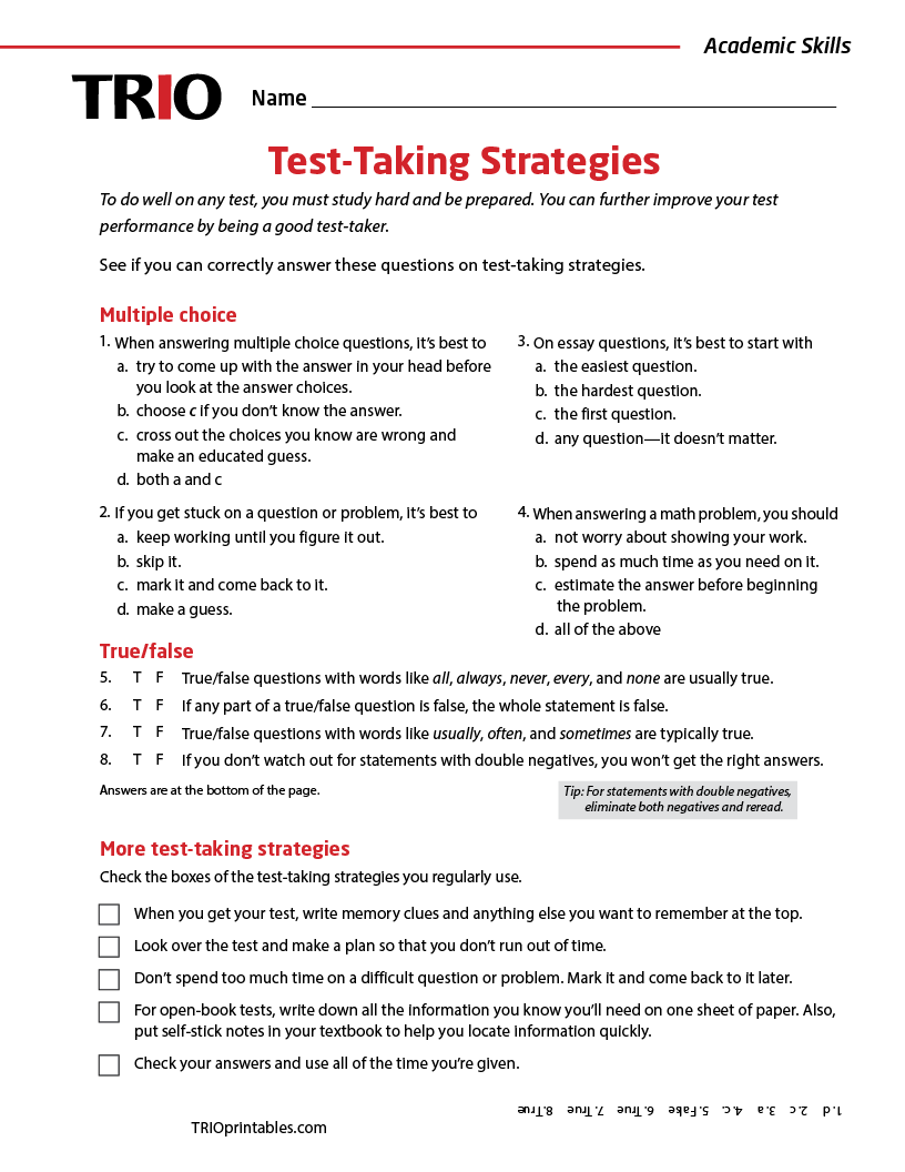 Test-Taking Strategies Activity Sheet