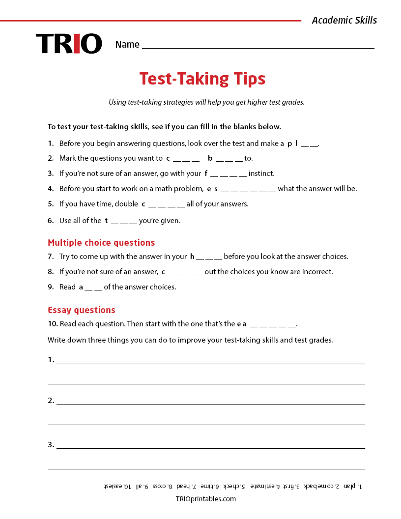 Test-Taking Tips Activity Sheet – TRIO Printables