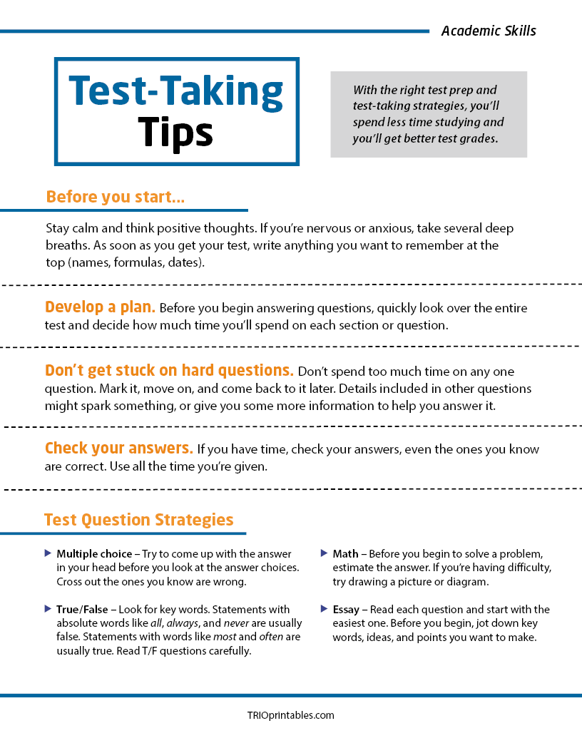 Test-Taking Tips Informational Sheet – TRIO Printables