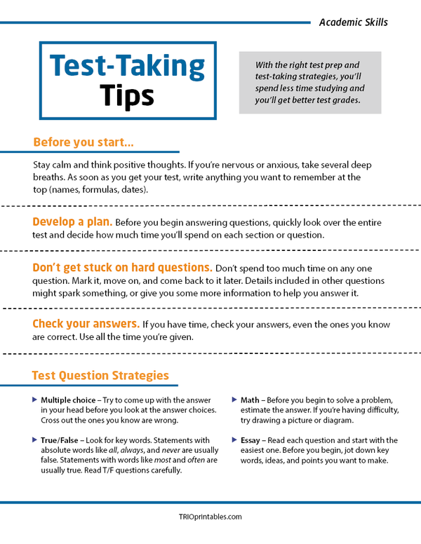 Test-Taking Tips Informational Sheet – TRIO Printables