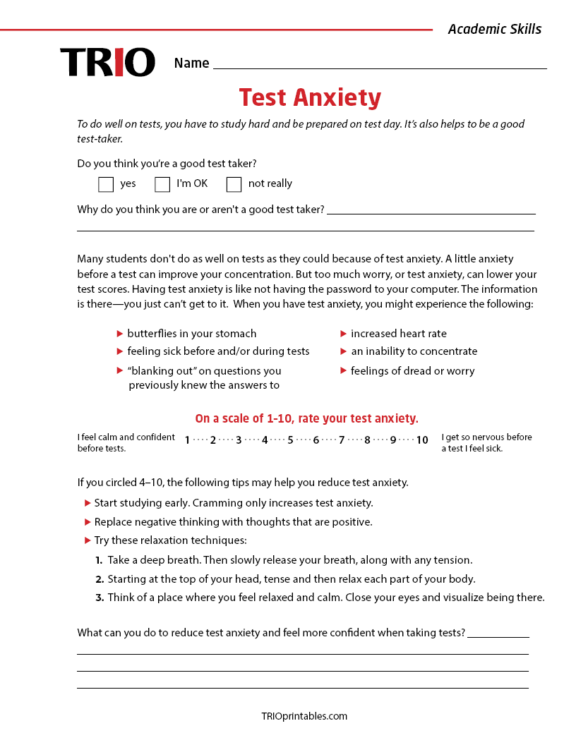 Test Anxiety Activity Sheet TRIO Printables