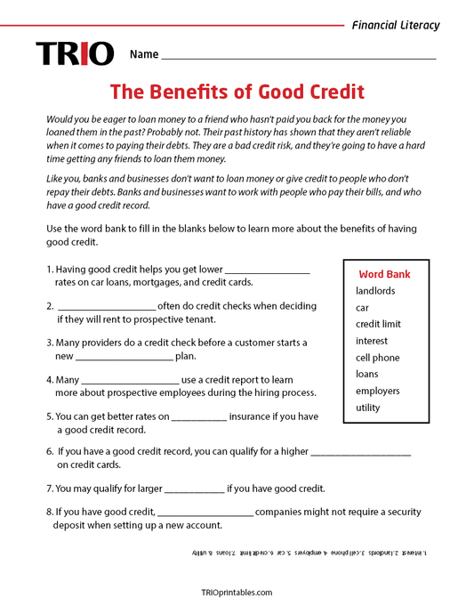 The Benefits of Good Credit Activity Sheet