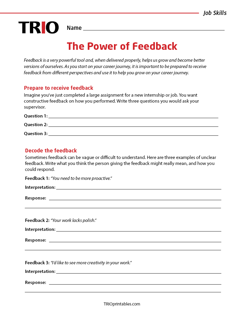 The Power of Feedback Activity Sheet – TRIO Printables