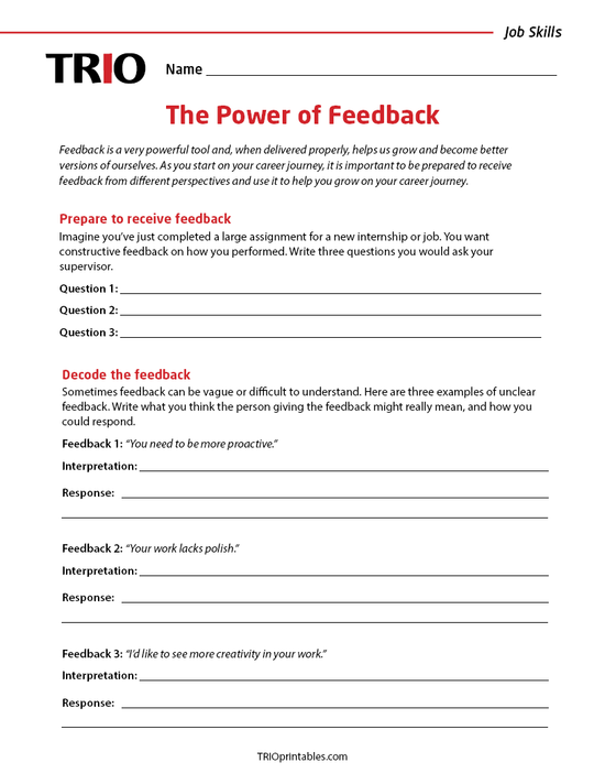 The Power of Feedback Activity Sheet – TRIO Printables