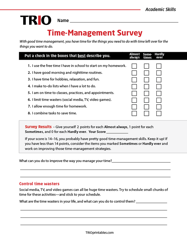 Time-Management Survey Activity Sheet – TRIO Printables
