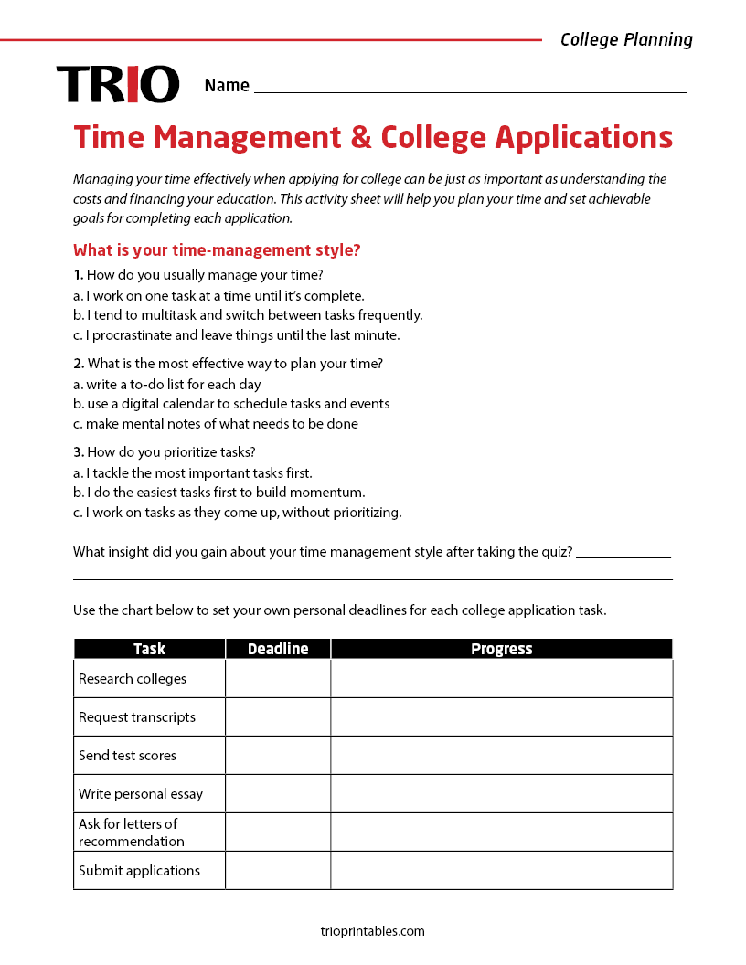 Time Management & College Applications Activity Sheet
