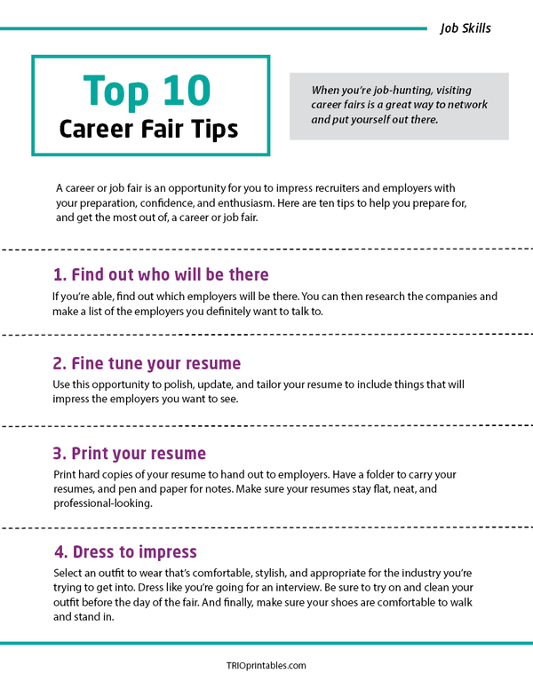 Job Fair Checklist.pdf Top 10 Career Fair Tips Informational Sheet – TRIO Printables
