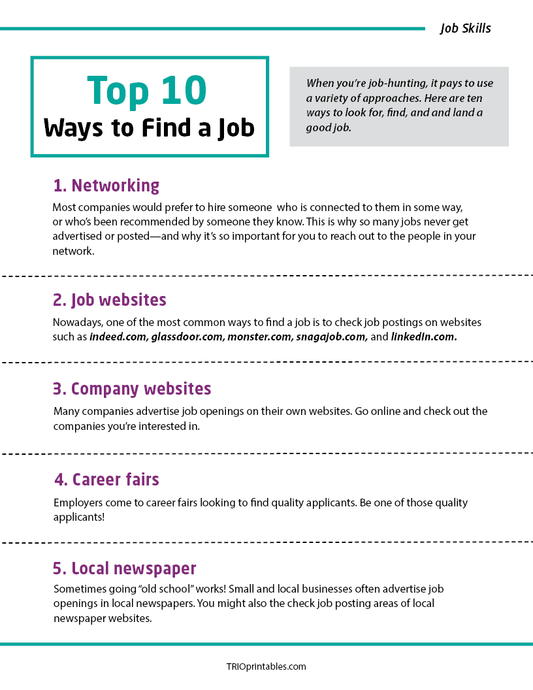 Top 10 Ways to Find a Job Informational Sheet