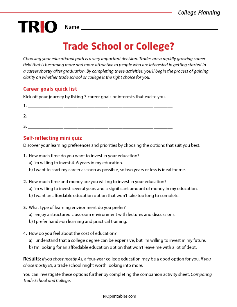 Trade School Or College Activity Sheet Trio Printables 