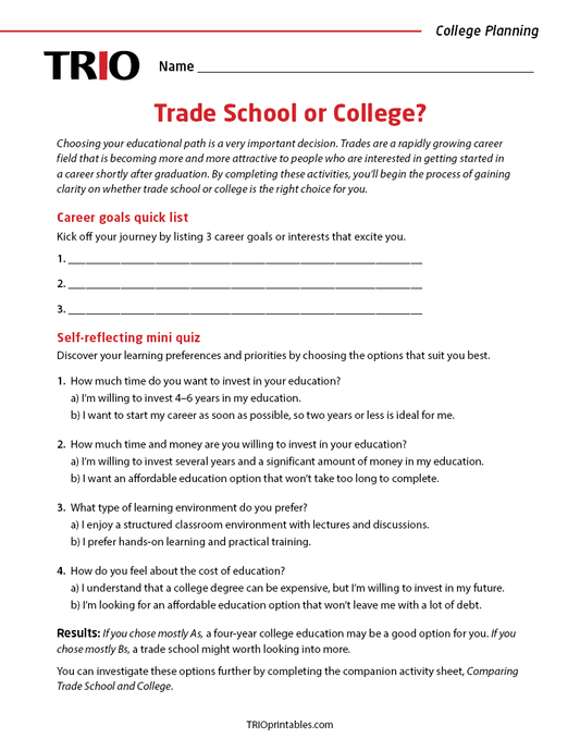 Trade School or College Activity Sheet