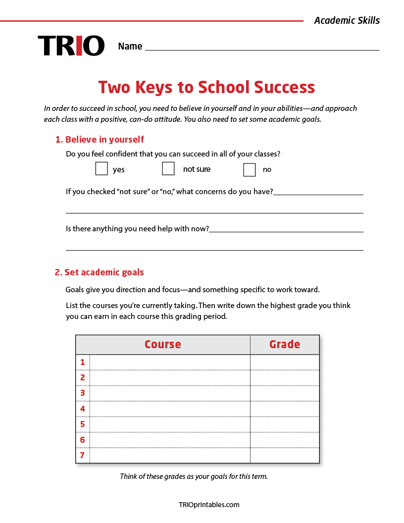 Two Keys of School Success Activity Sheet