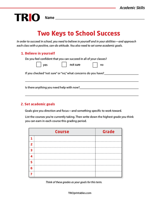 Two Keys of School Success Activity Sheet