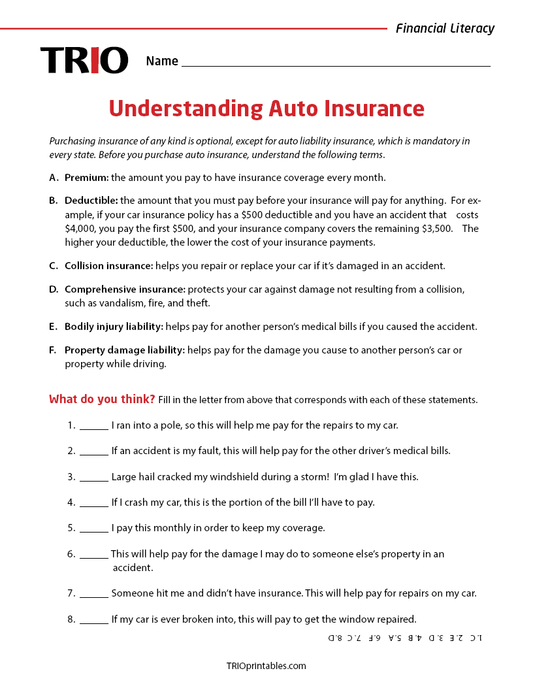 Understanding Auto Insurance Activity Sheet
