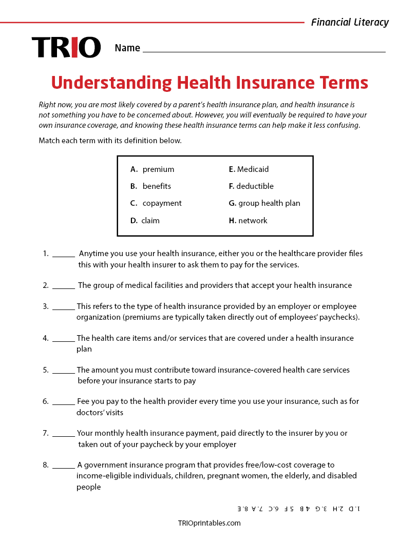 Understanding Health Insurance Terms Activity Sheet – TRIO Printables