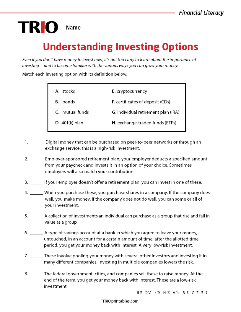 Understanding Investing Options Activity Sheet