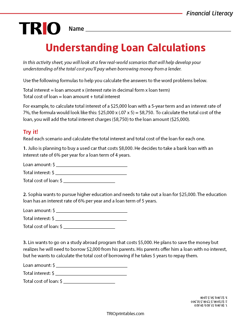 Understanding Loan Calculations Activity Sheet