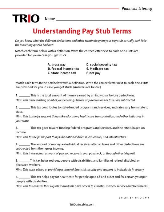Understanding Pay Stub Terms Activity Sheet