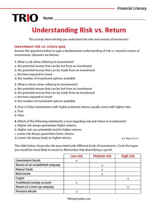 Understanding Risk vs. Return Activity Sheet