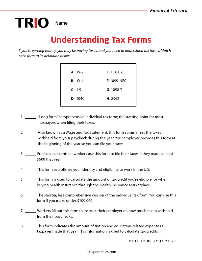Understanding Tax Forms Activity Sheet