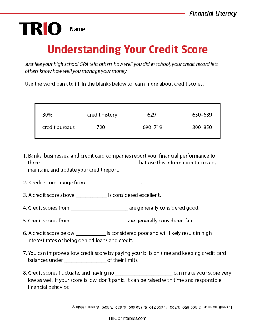 Understanding Your Credit Score Activity Sheet